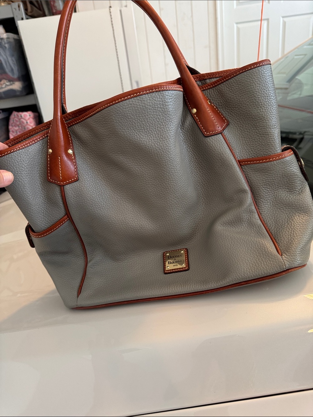 Dooney & Bourke Gray Pebbled Leather Tote with Brown Trim